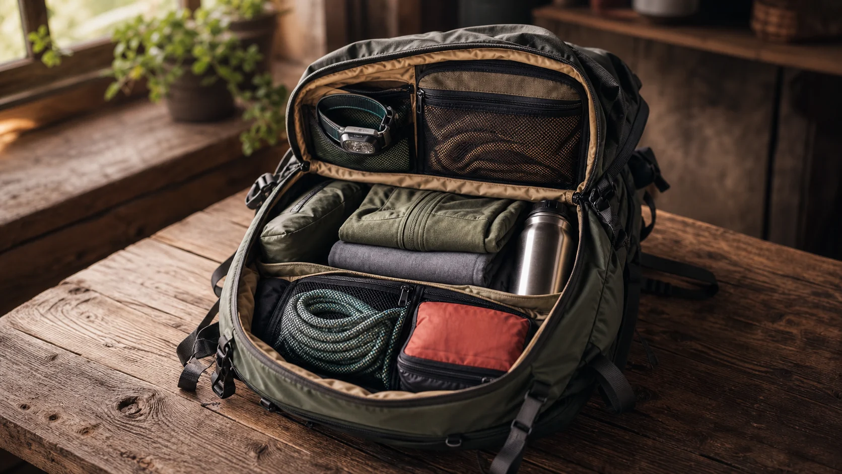 Ranger son sac de randonnée pour accéder vite au matériel — illustration outdoor